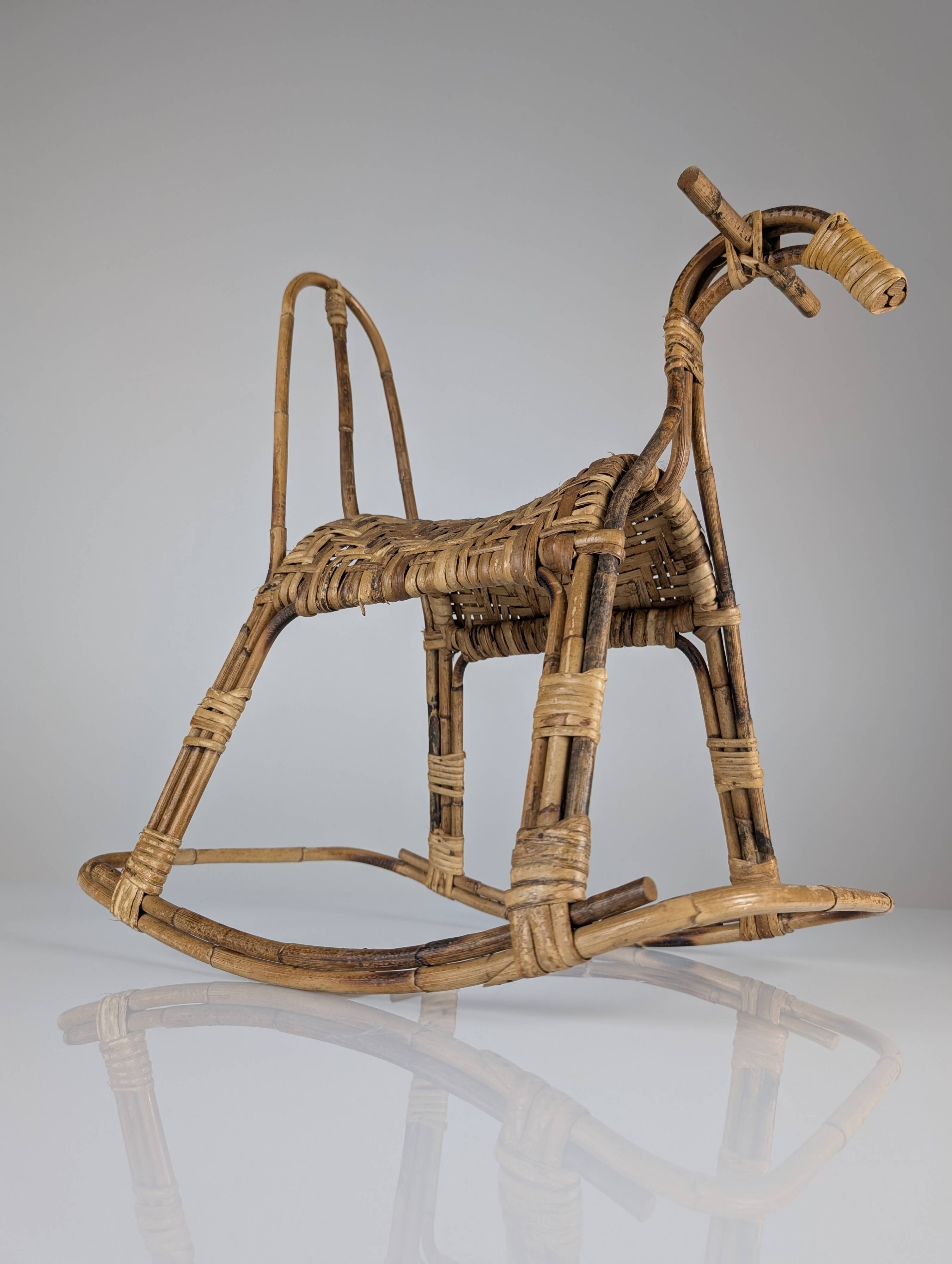 Children's rocking horse made of bamboo and rattan 1960s