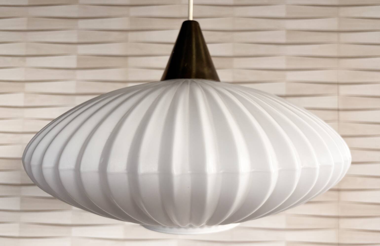 Vintage Scandinavian pendant light in opaline glass and brass, circa 1950, spirit.