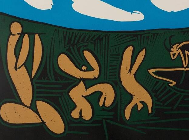 Pablo Picasso: Bacchanal, acrobats and bull, Linocut (1962)