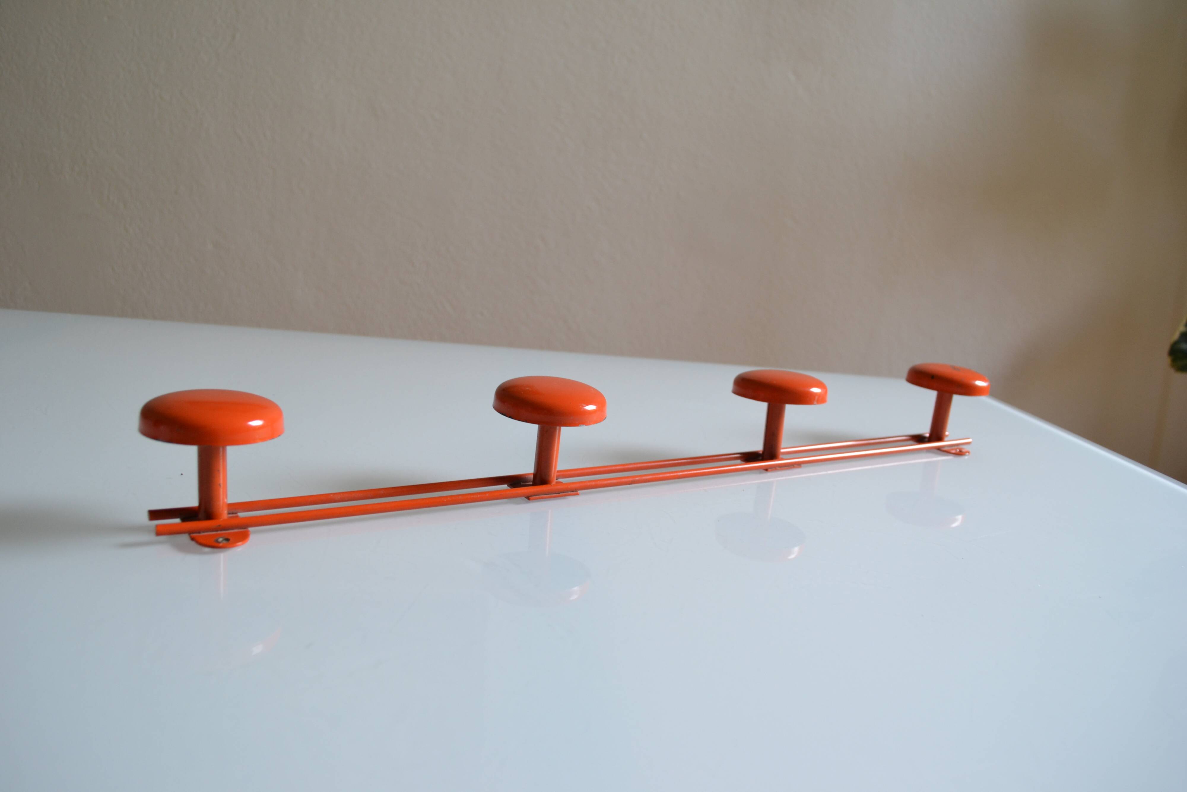 Vintage 70s orange lacquered metal 4-hook wall coat rack