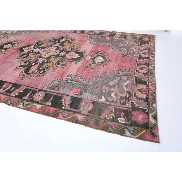 Vintage Turkish hand-knotted wool cotton pink area rug 180x475