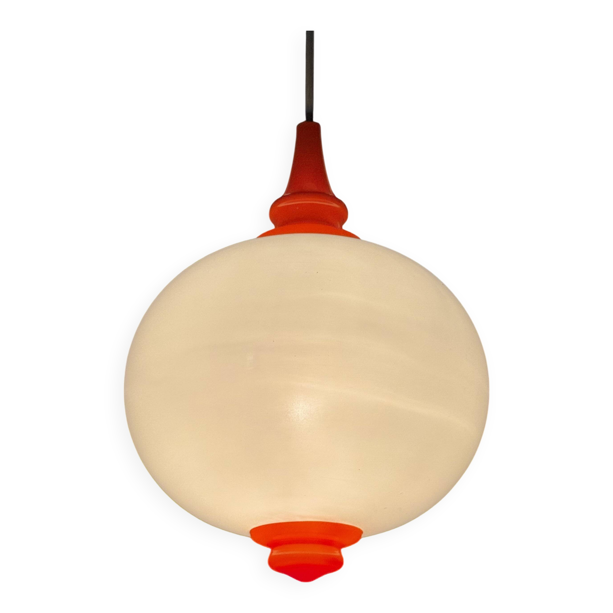 Space Age pendant lamp with milk glass ball and orange accents