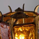 Large Longobard Gilded Metal and Red Hammered Glass Table Lamp