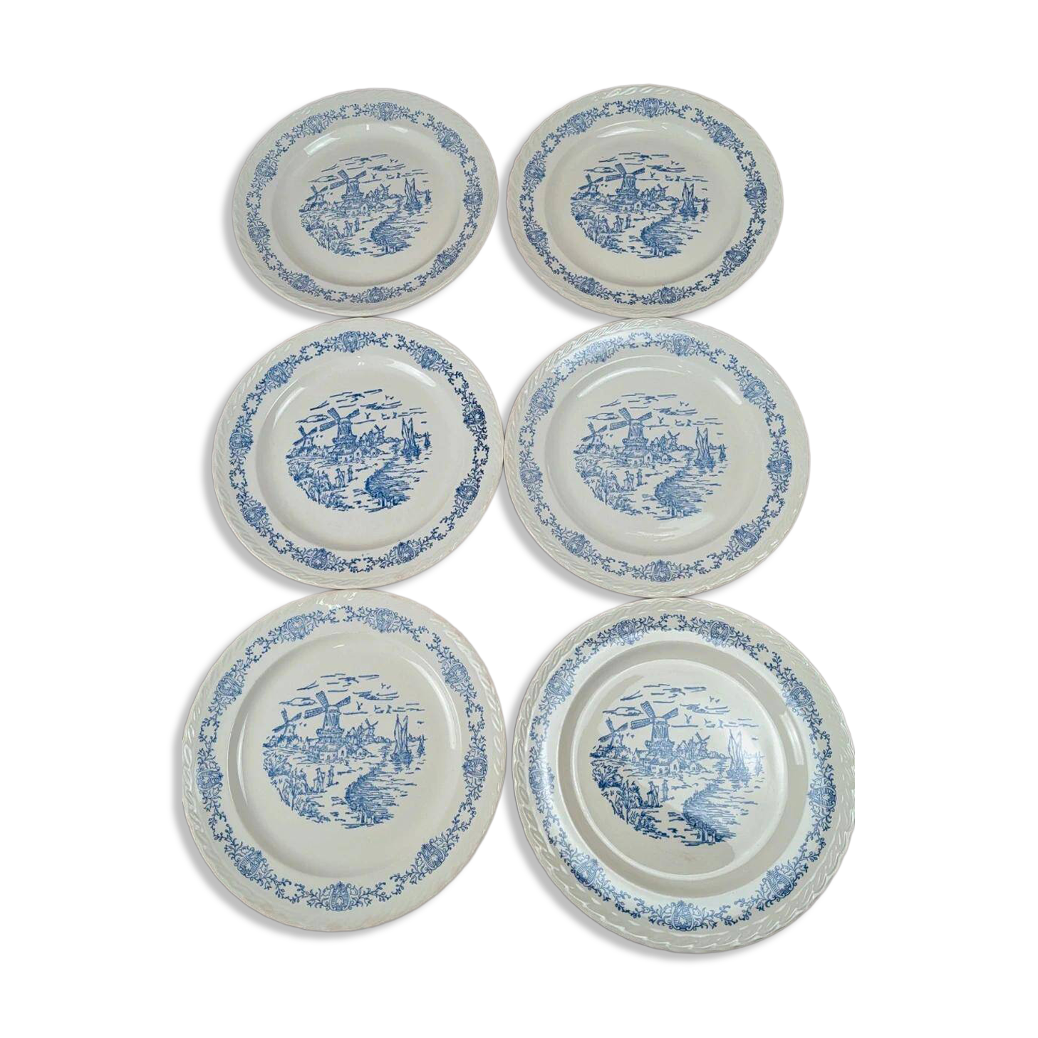 Set of 6 antique flat plates Rotterdam blue windmill design.
