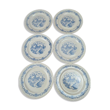 Set of 6 antique flat plates Rotterdam blue windmill design.