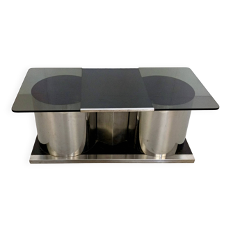 Postmodern Rectangular Smoked Glass Coffee Table with Dry Bar