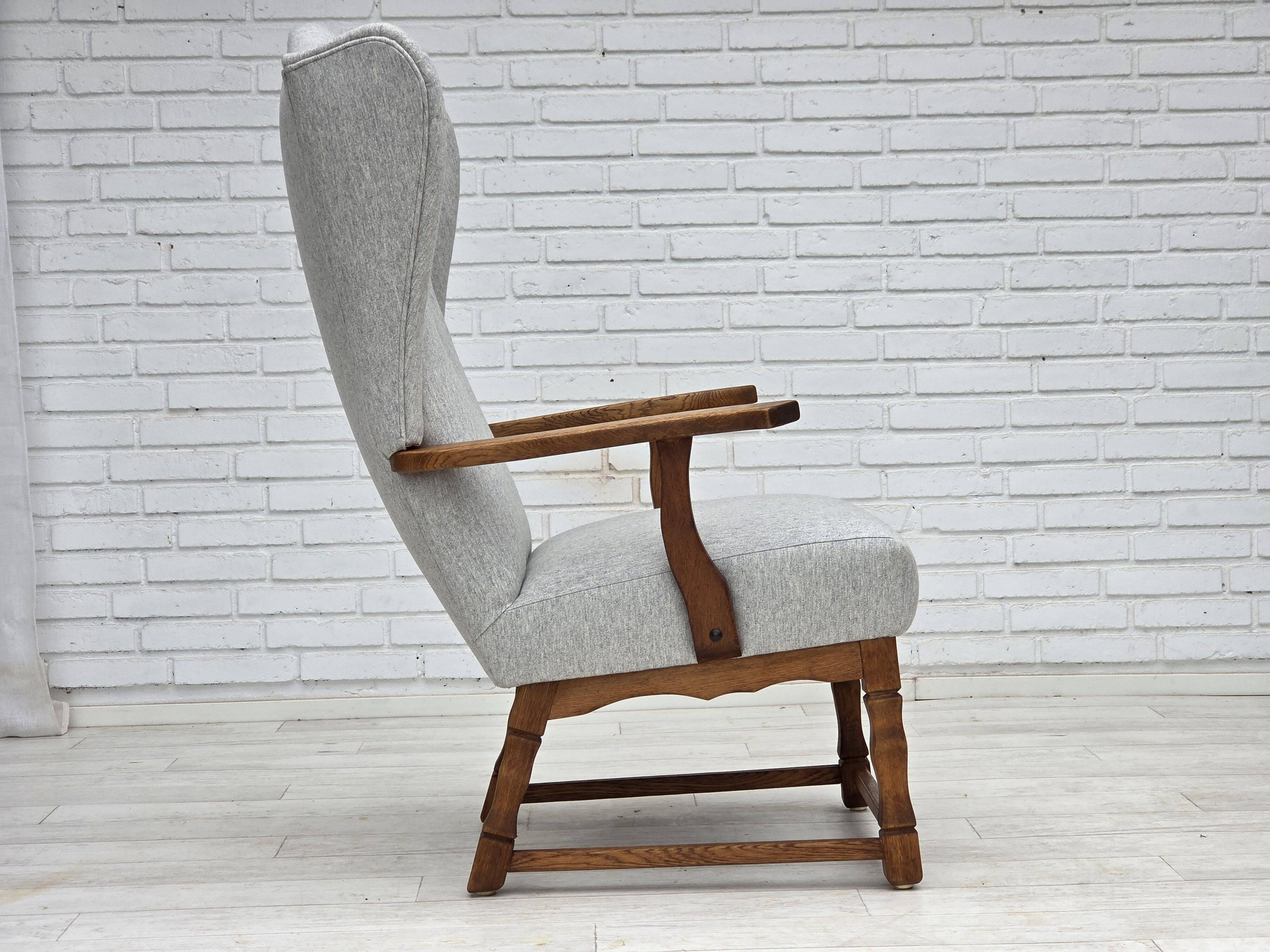 1950s, Danish high-backed armchair, reupholstered, wool, oak wood.