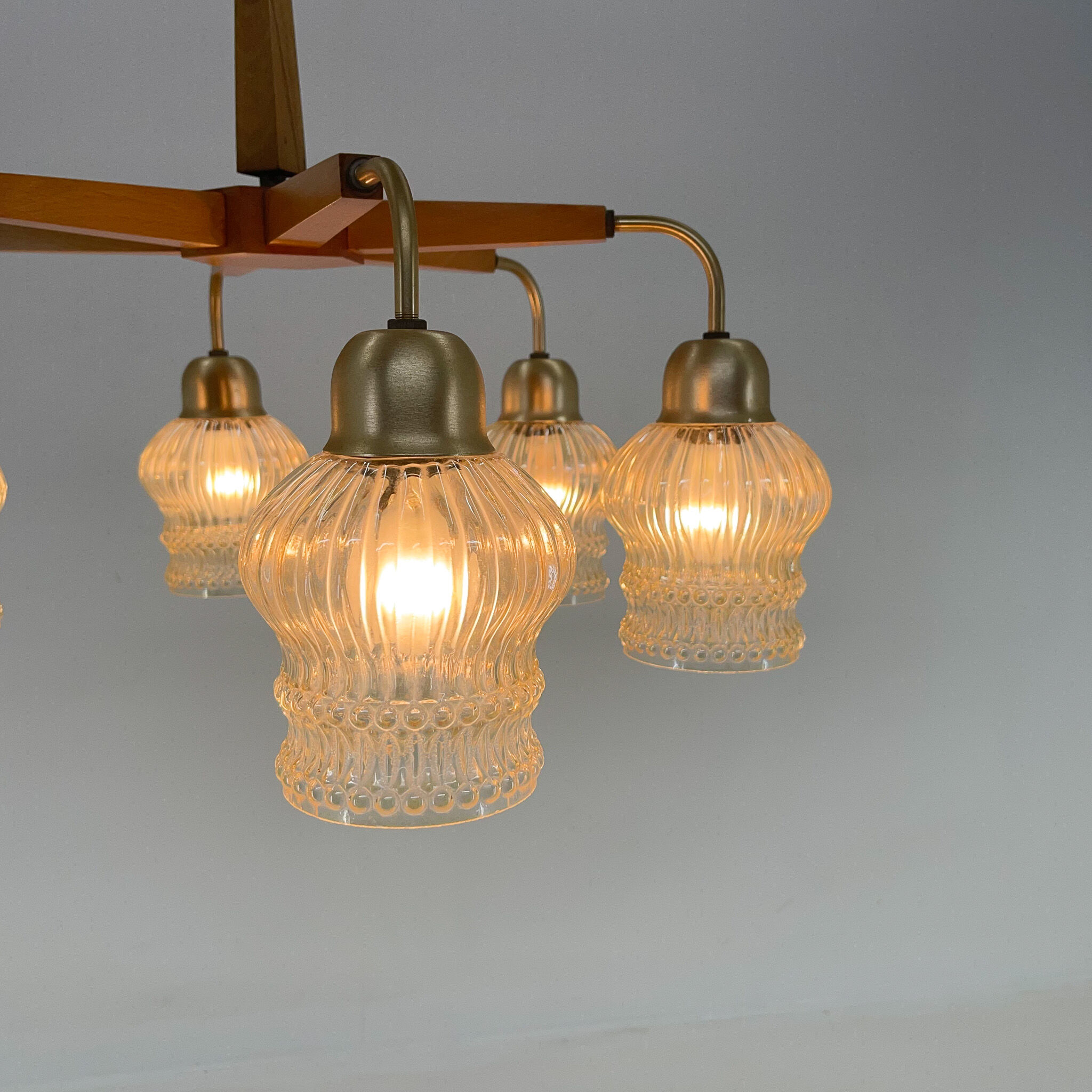1970's Wood & Glass 6-arm Chandelier, Czechoslovakia