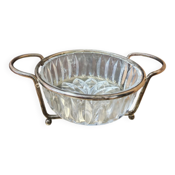 Saladier en cristal taillé et monture en métal argenté mid century