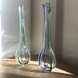 Soliflores en verre transparents à rayures bleu et vertes