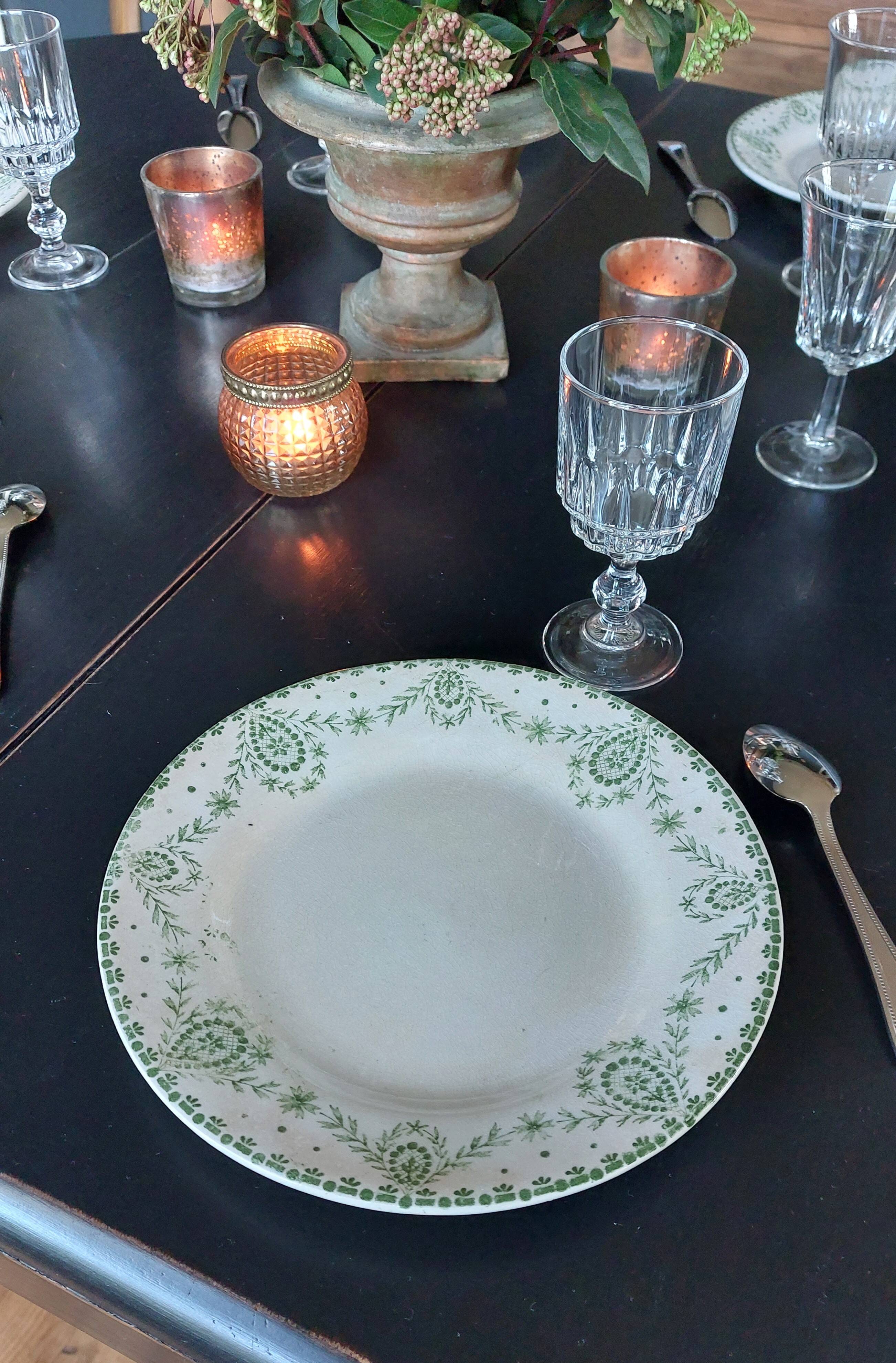 Mismatched set of 6 iron earth dessert plates in green tones