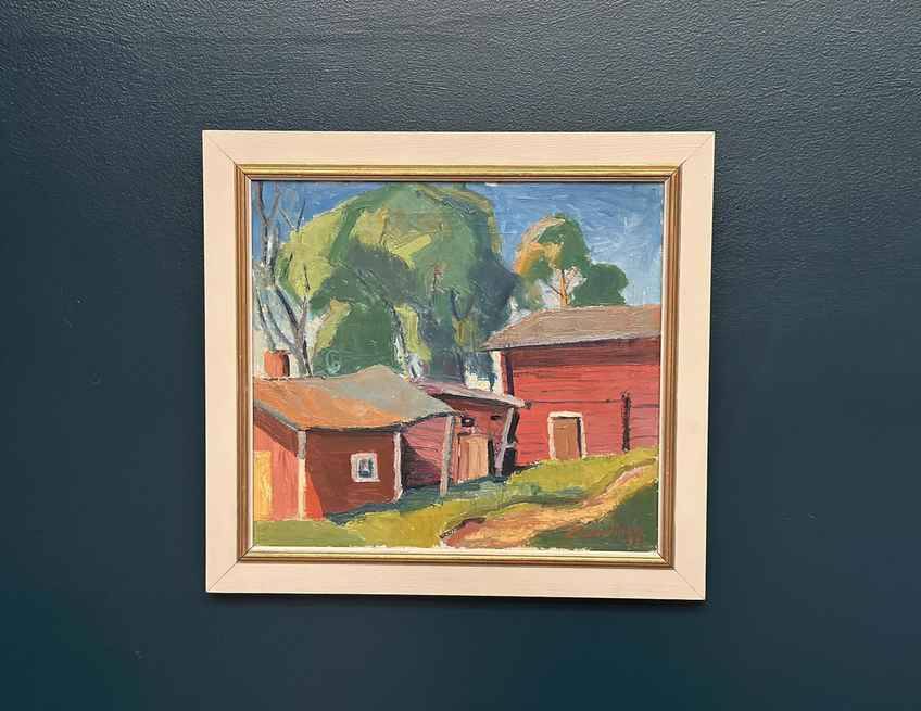 Original Swedish Oil On Canvas – “Red Barns” By L. Wuariner – Vintage & Framed