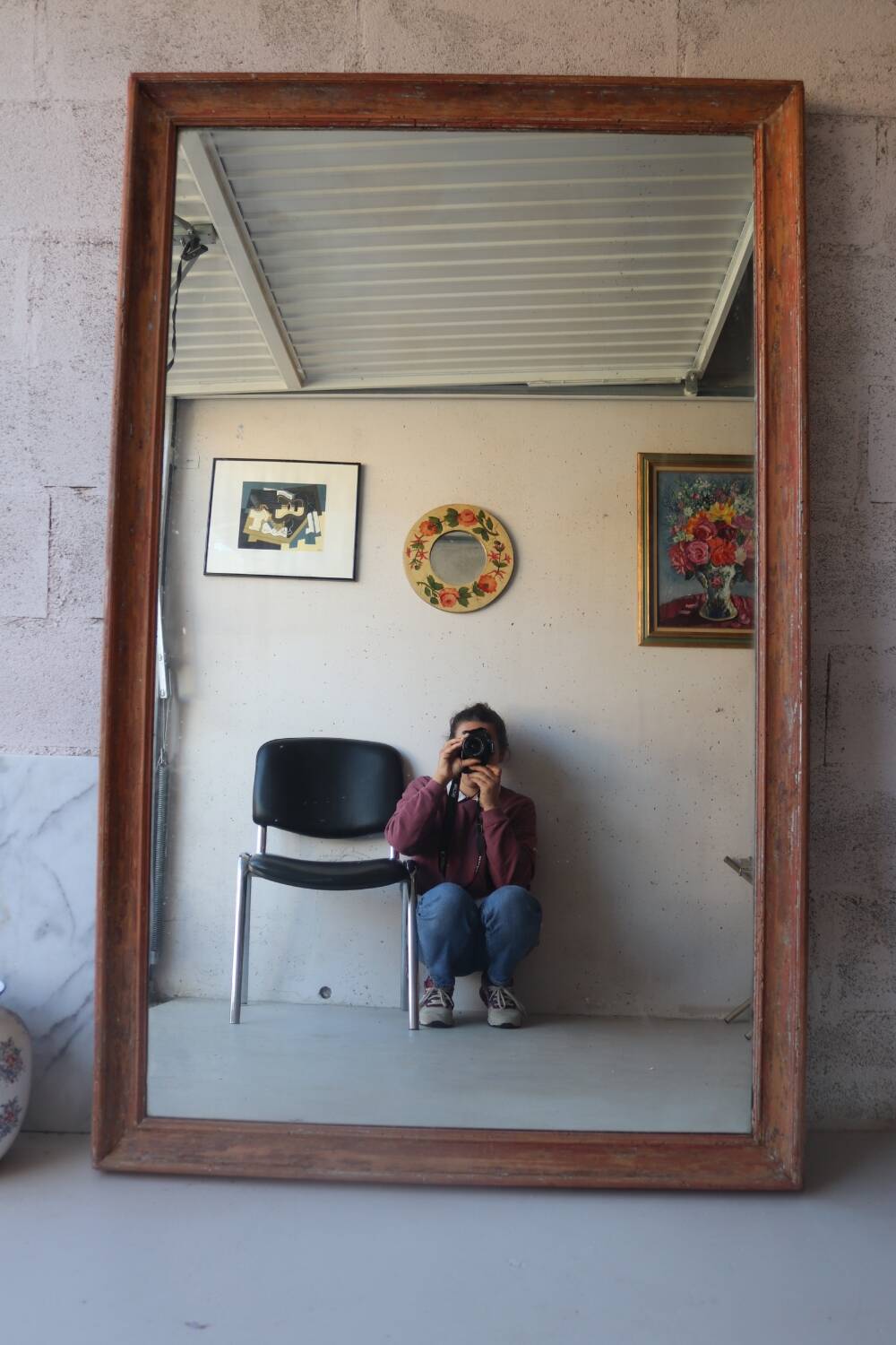 Large antique mirror in patinated wood h170cm