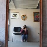 Large antique mirror in patinated wood h170cm