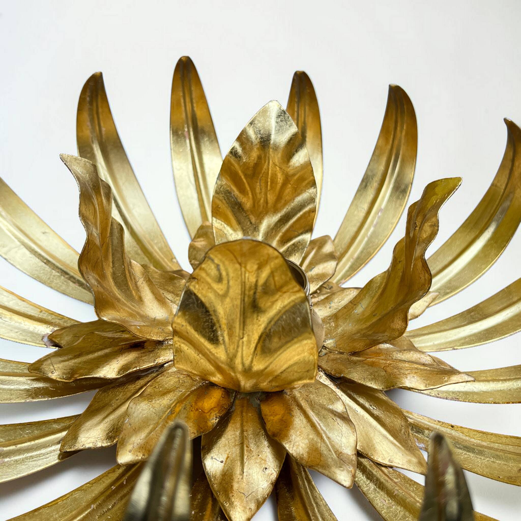 Vintage gold leaf metal wall light flower applique