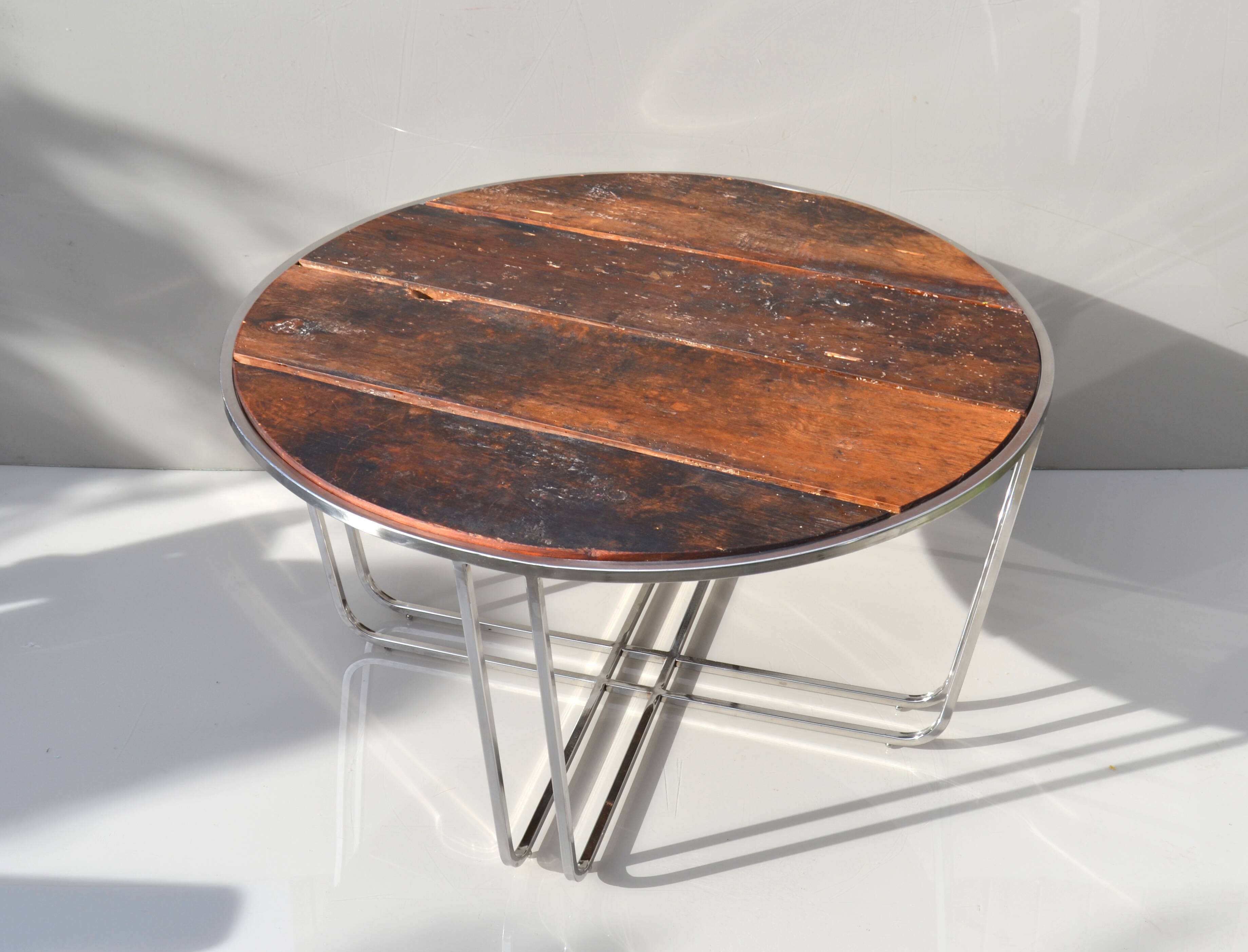 Rustic refurbished wood metal base industrial round coffee