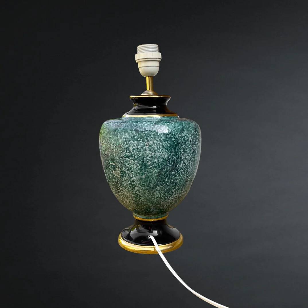 Pied de lampe en céramique verte mouchetée noire et dorée années 70 style Hollywood Regency