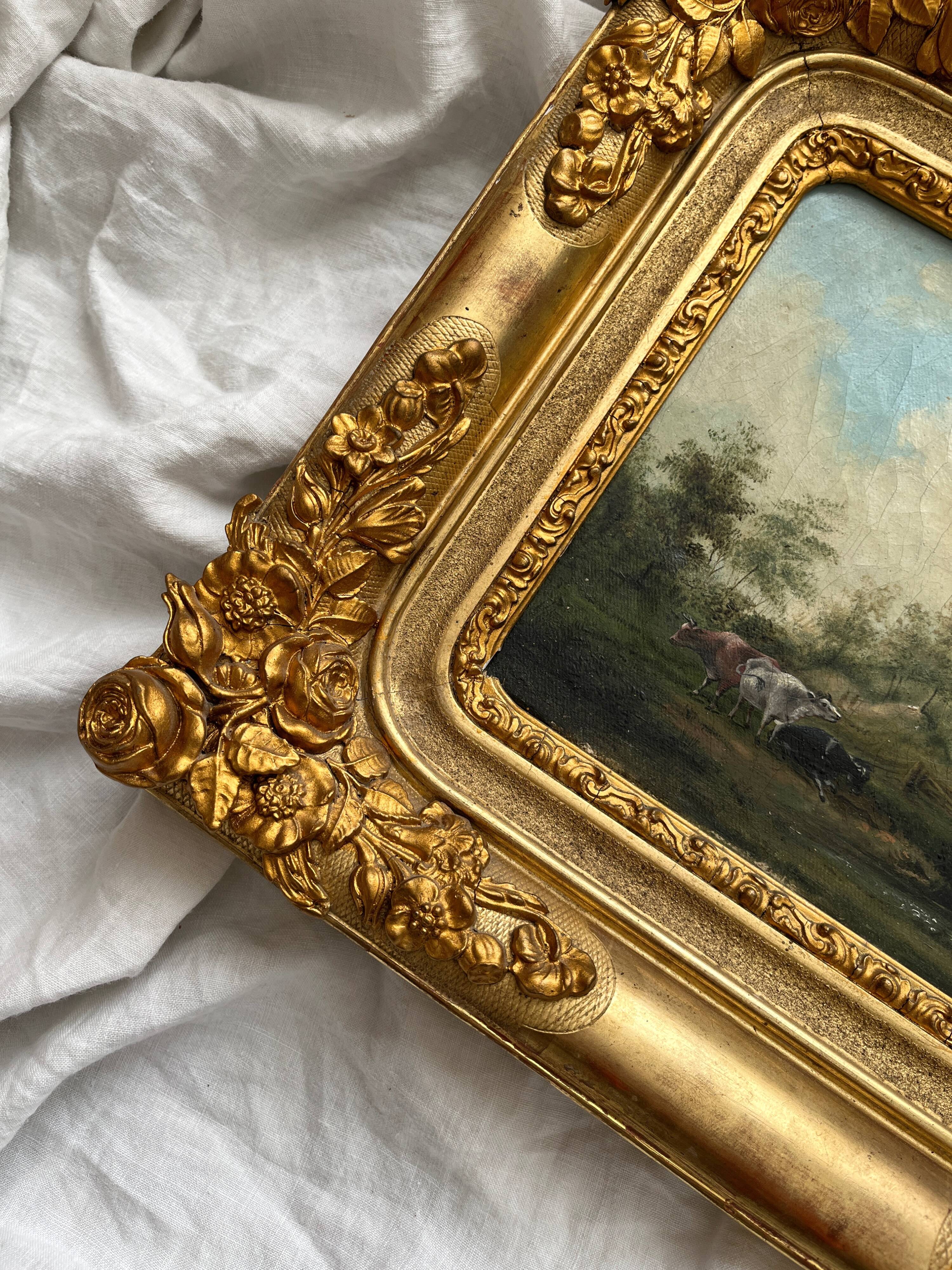 Old oil painting on canvas countryside landscape 19th