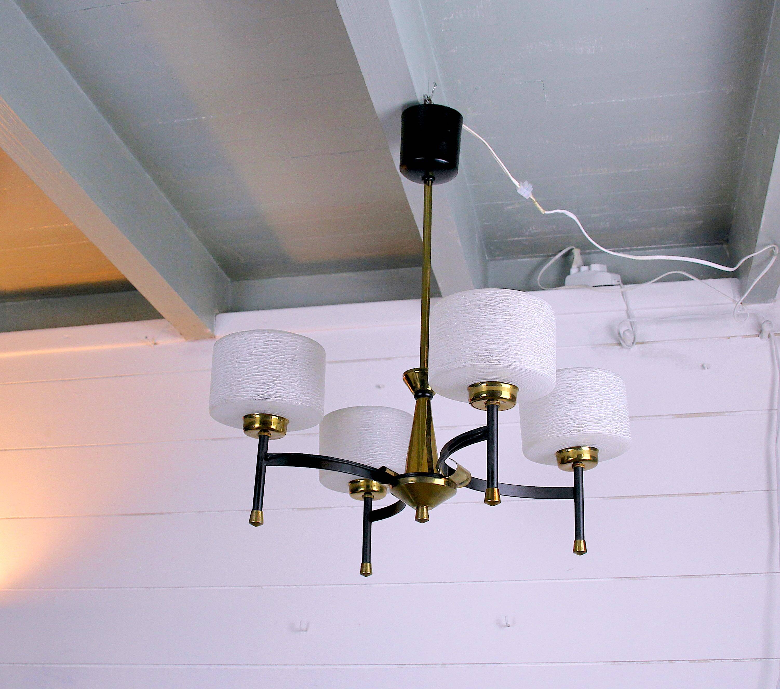 Maison Arlus, Mid-century chandelier, brass and opaline, France 1950