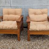 Pair of cosy vintage design chalet pine mountain armchairs.