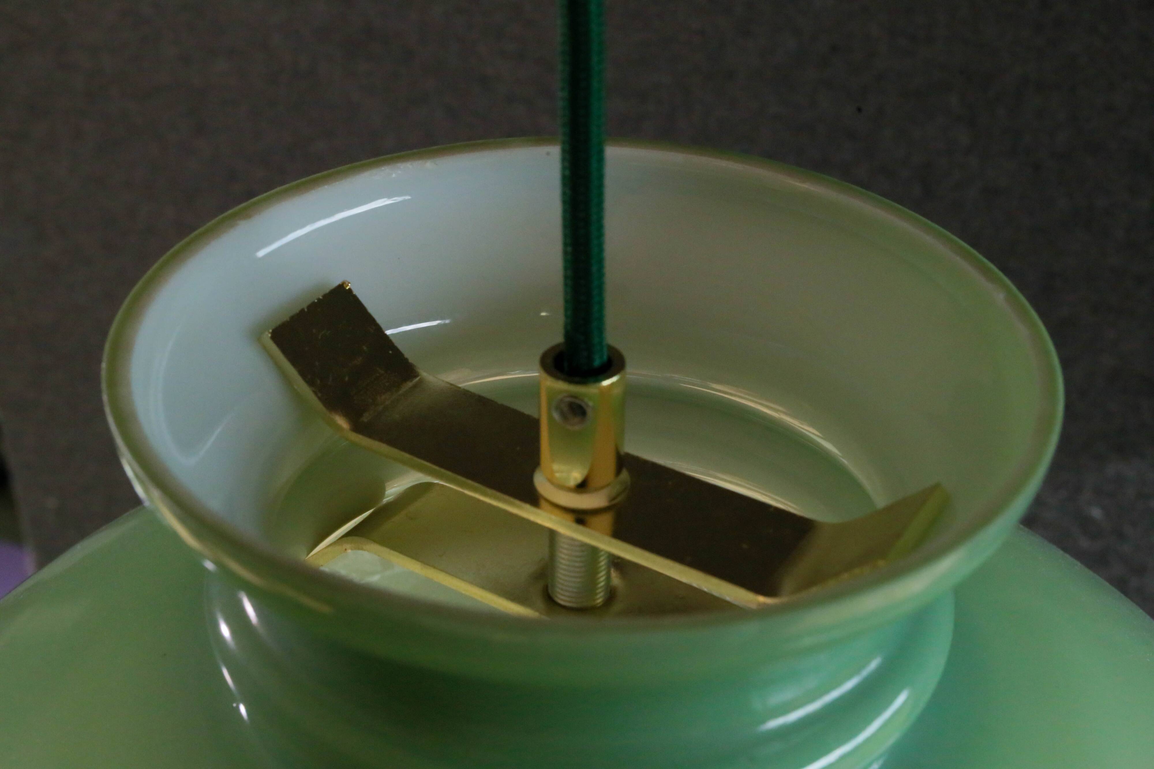 Old semi-round opaline pendant light in green glass - large model - circa 1950