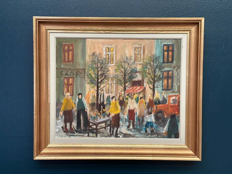 Original Swedish Oil on Canvas – “Market Scene” by Arne Wallsten – Signed