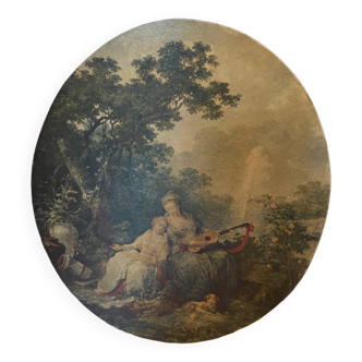 Oval wooden frame with 18th century pattern print