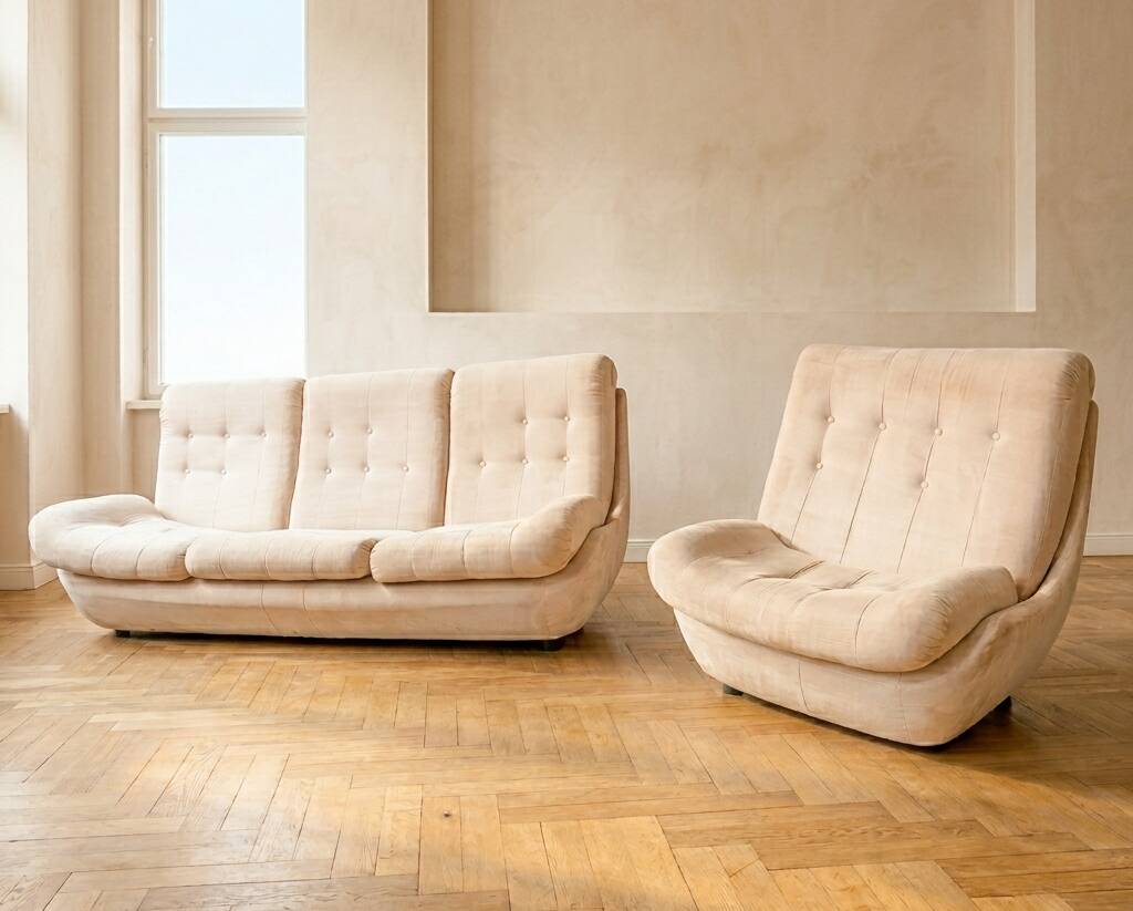 Atlantis seating set space age upholstered sofa & lounge chair by Jitona, 1970s Czechoslovakia