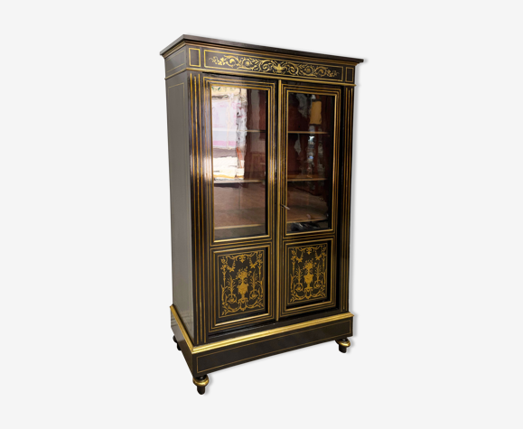 Bibliotheque Napoléon III en bois noirci et marqueterie de laiton 19eme