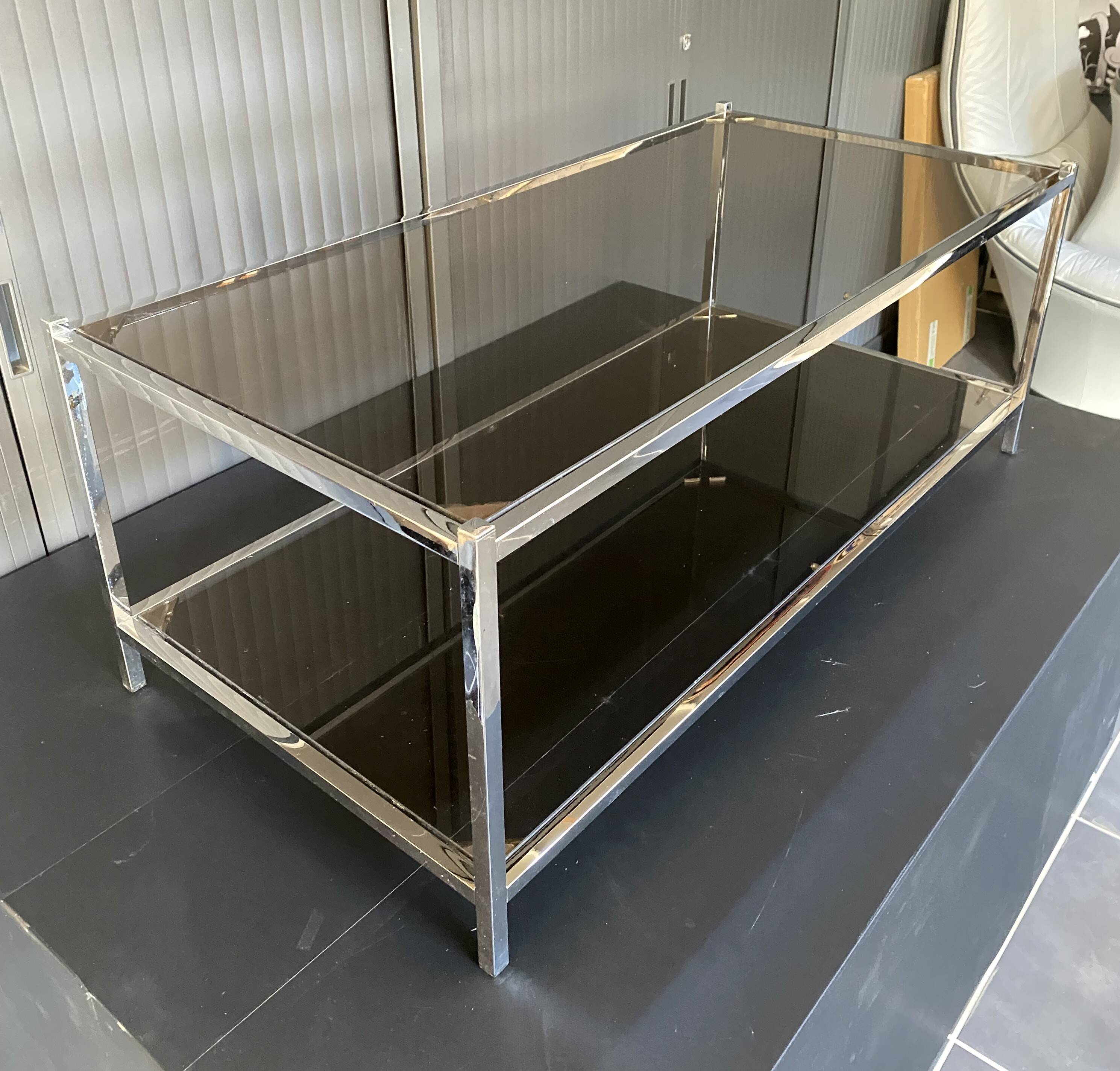 Table basse double plateau verre chrome style Bauhaus vintage 1970