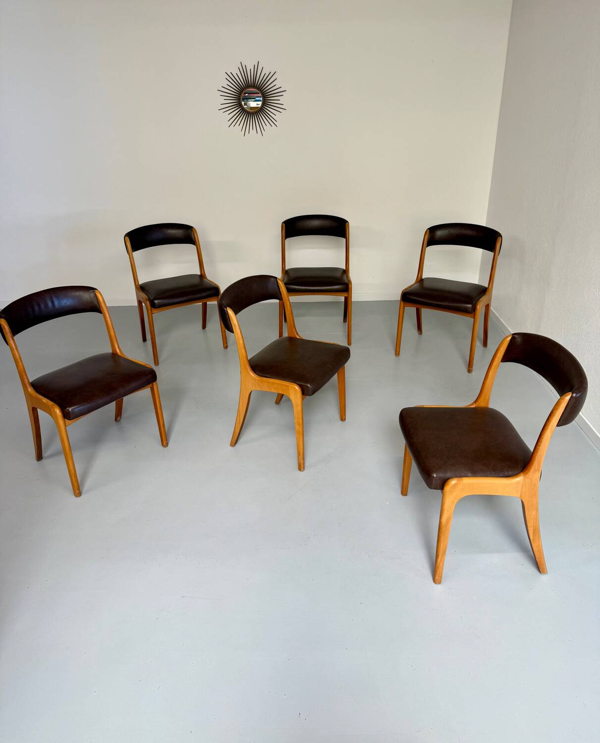 Set of 6 Baumann curved wood and imitation leather chairs, gondola model, 70s
