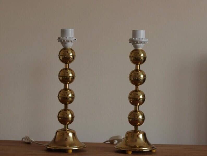 Pair of Vintage Swedish Table Lamps in Polished Brass, Signed Aneta