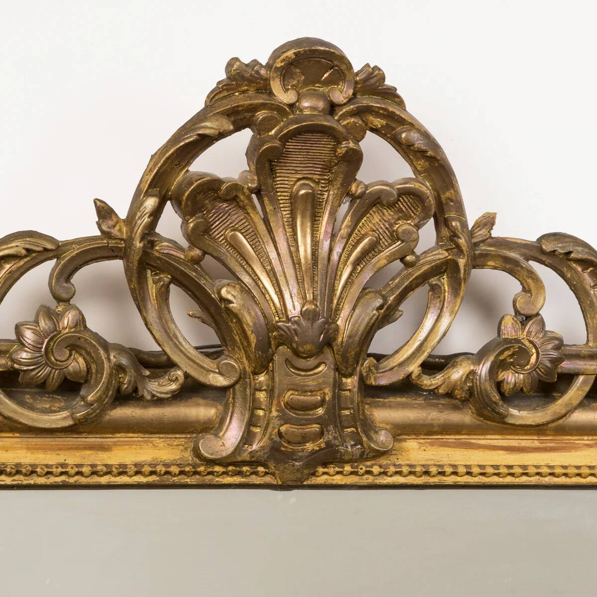 19th C antique yellow gold antique mirror with crest