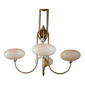 Art deco suspension, 4-light white speckled opaline globe chandelier, ceiling lamp, ceiling lamp
