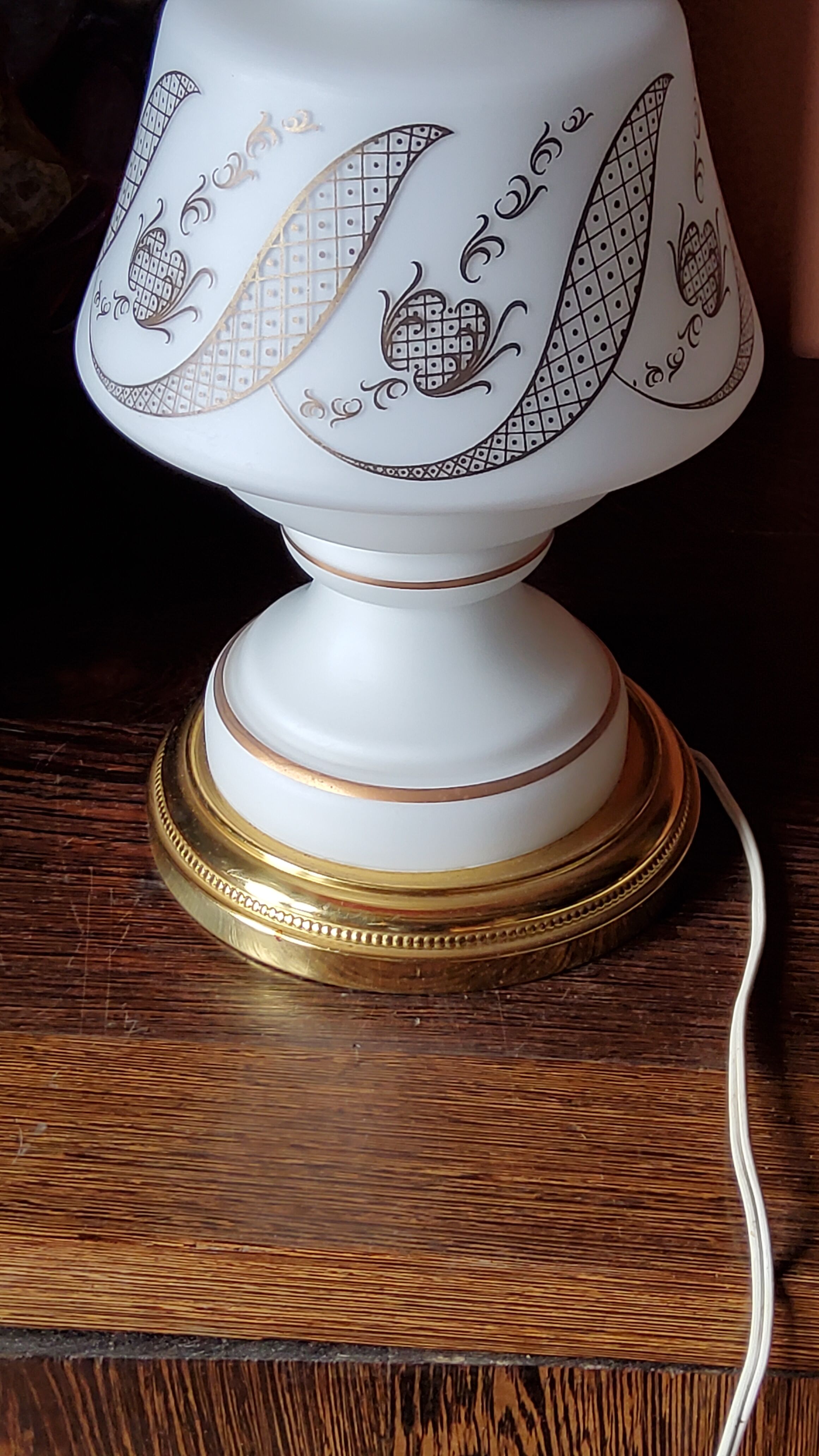 Vintage lamp of the 50s in white and golden opaline glass lampshade in red satin 75cm