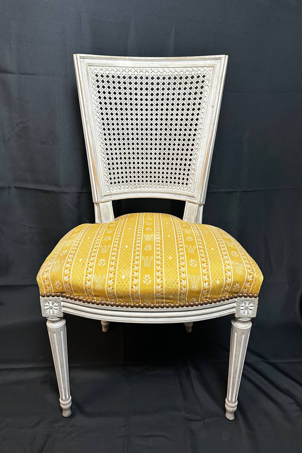 4 Louis XVI chairs - Pierre Frey fabric seat - cane back