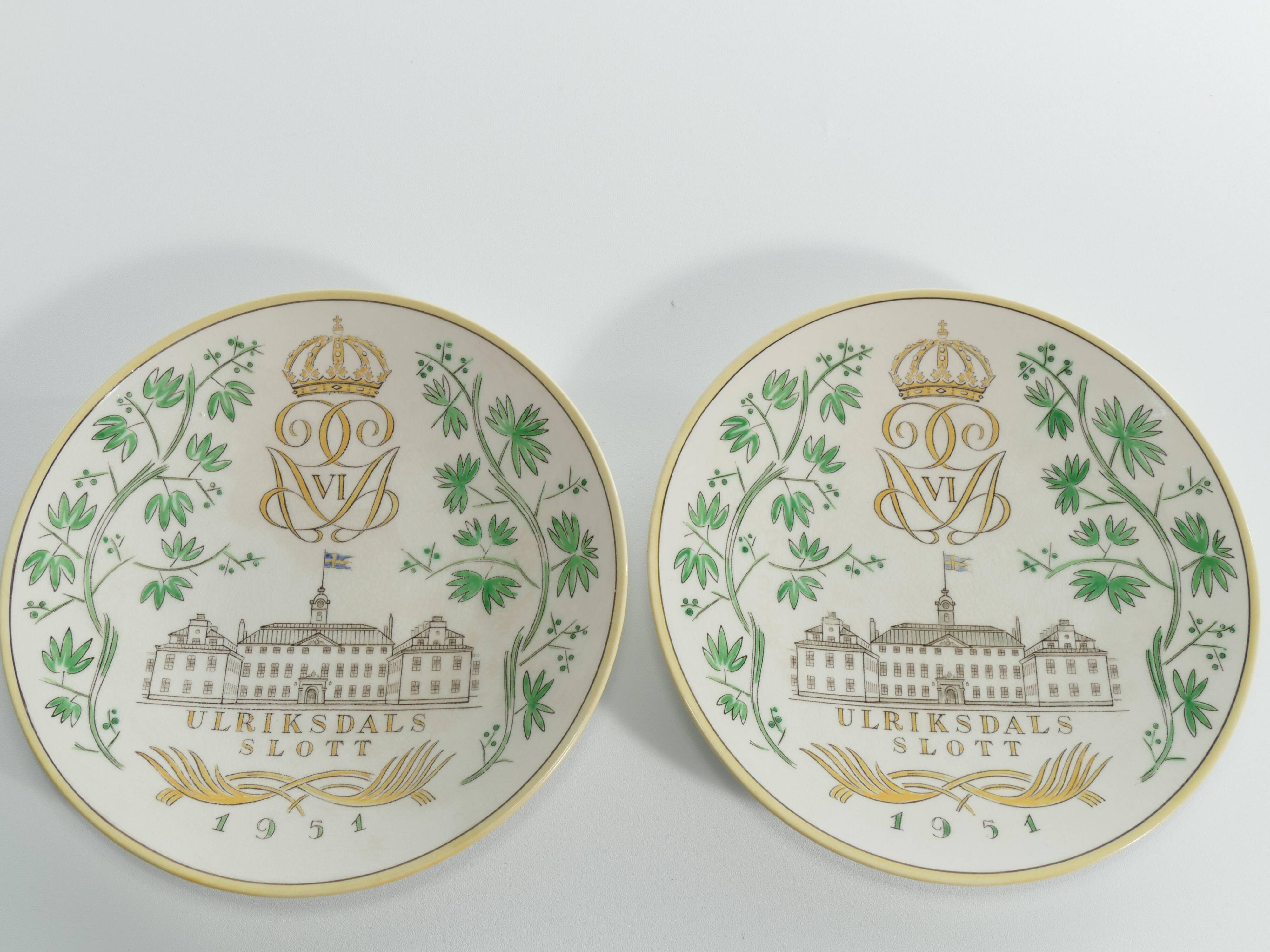Swedish Grace Plates with Ulriksdal Palace in Yellow and Green by Gefle 1951