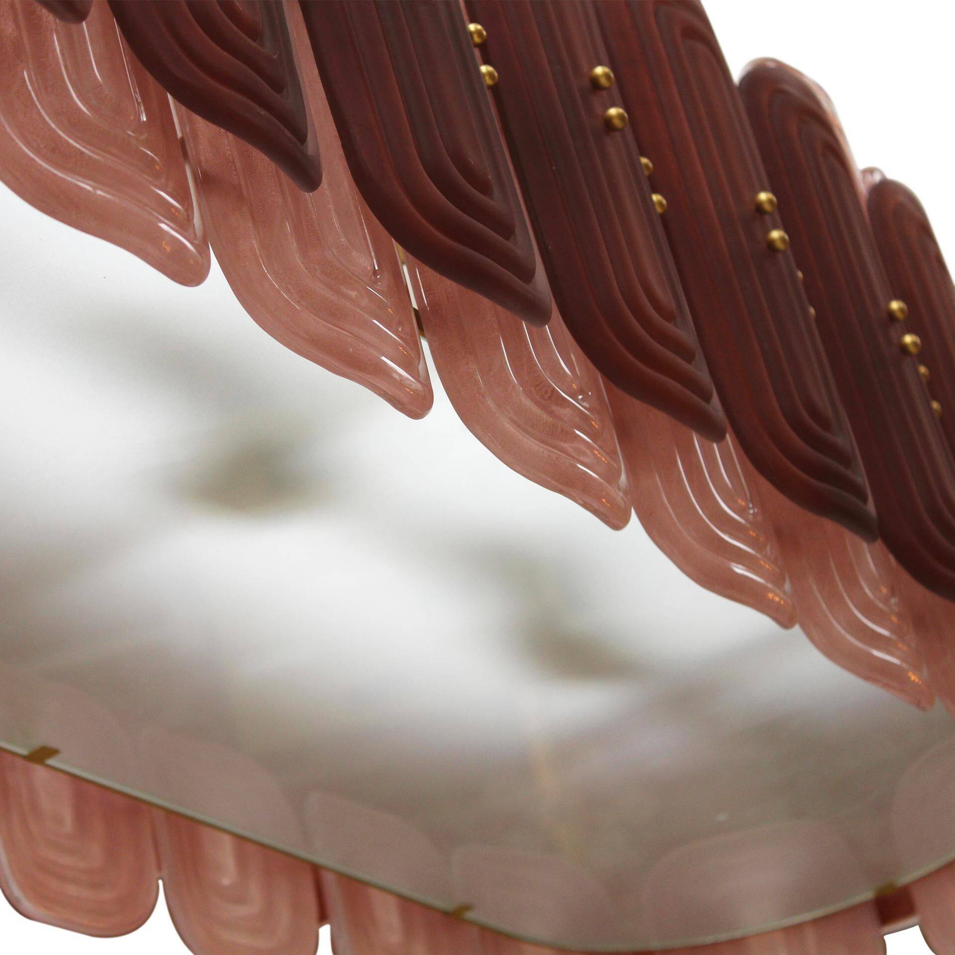 Italian Suspension Lamp with Gold Metal Structure and Red and Pink Murano Glass