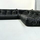 French Togo living room set in black leather by Michel Ducaroy for Ligne Roset, set of 3