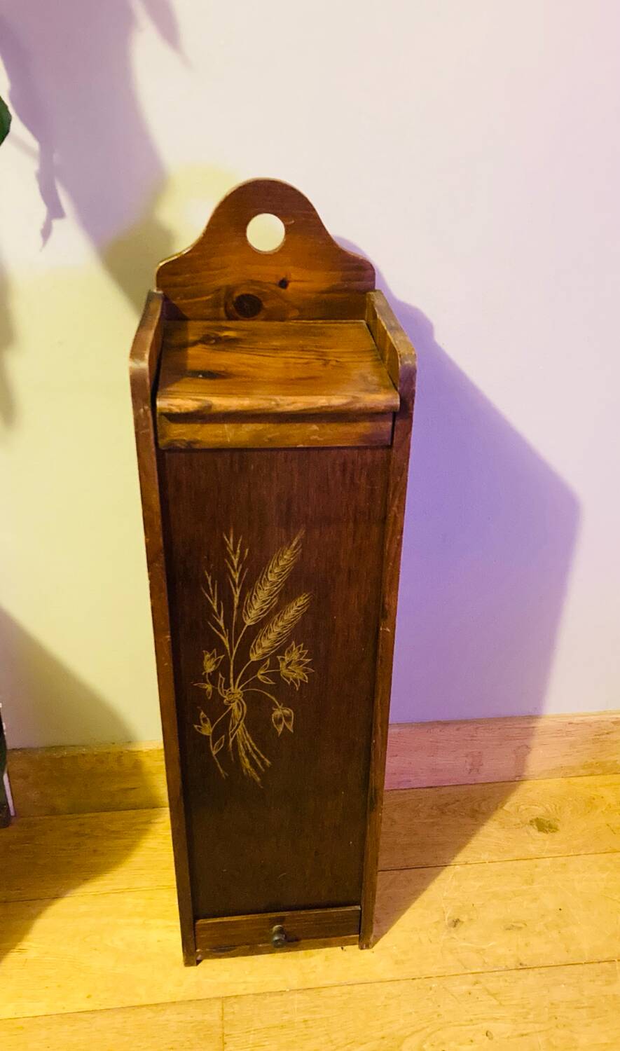 1980s solid wood bread bin decorated with a golden wheat sheaf