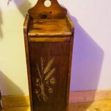 1980s solid wood bread bin decorated with a golden wheat sheaf