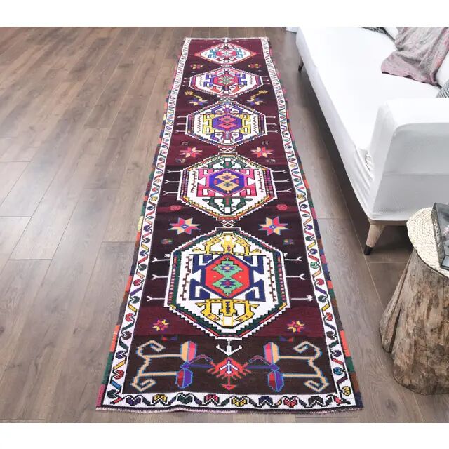 Vintage Pink Geometric Turkish Hand-Knotted Runner 83x375