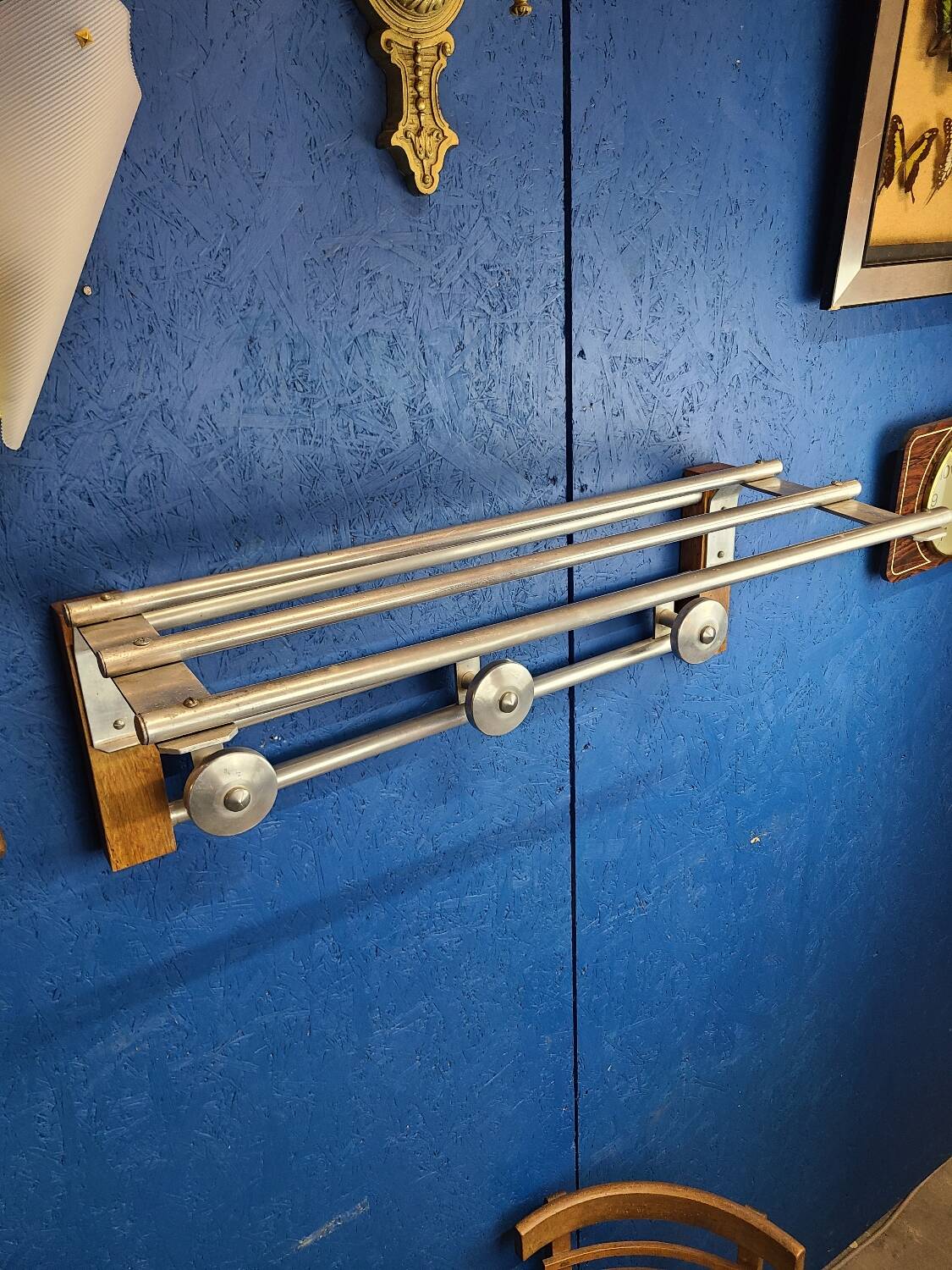Coat rack, oak, vintage aluminum