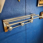 Coat rack, oak, vintage aluminum