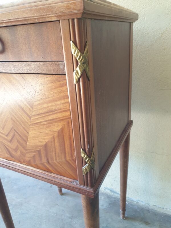 Louis XVI-style wooden veneer bedside table, marble top