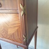 Louis XVI-style wooden veneer bedside table, marble top