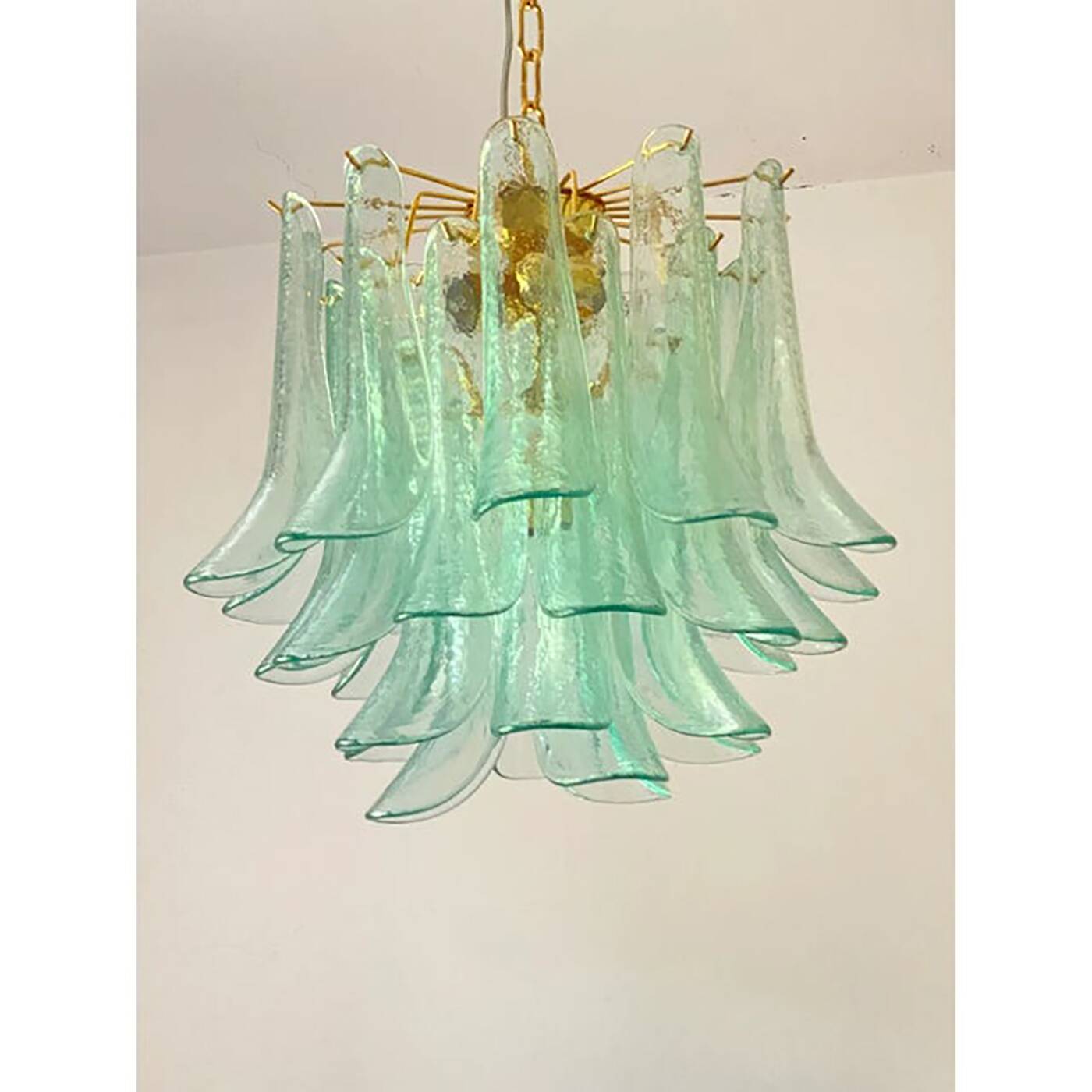 Lot of 2 Contemporary Green Murano Style Glass "Sella" Chandelier With Gold