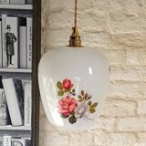 Vintage opaline glass pendant light, pink and white floral pattern, 1960s