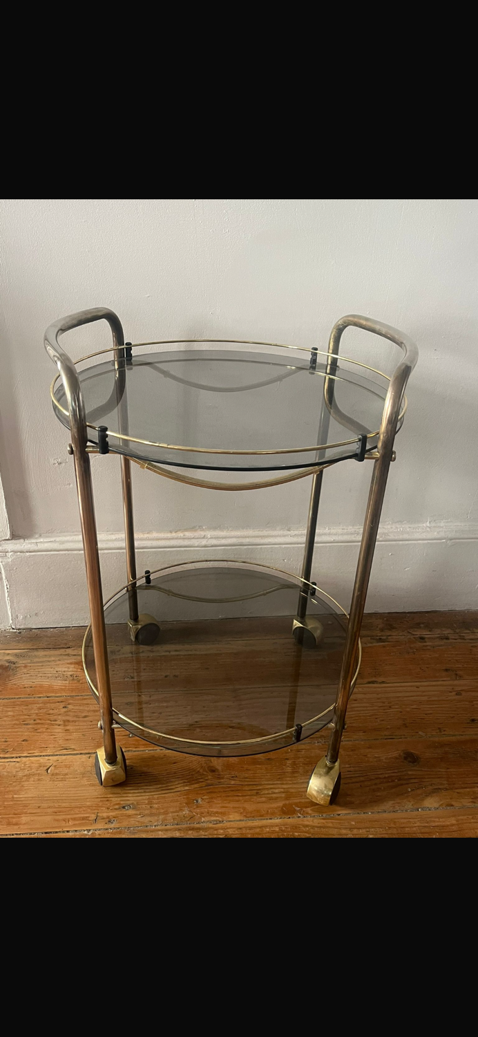 Vintage 70s brass side table with smoked glass