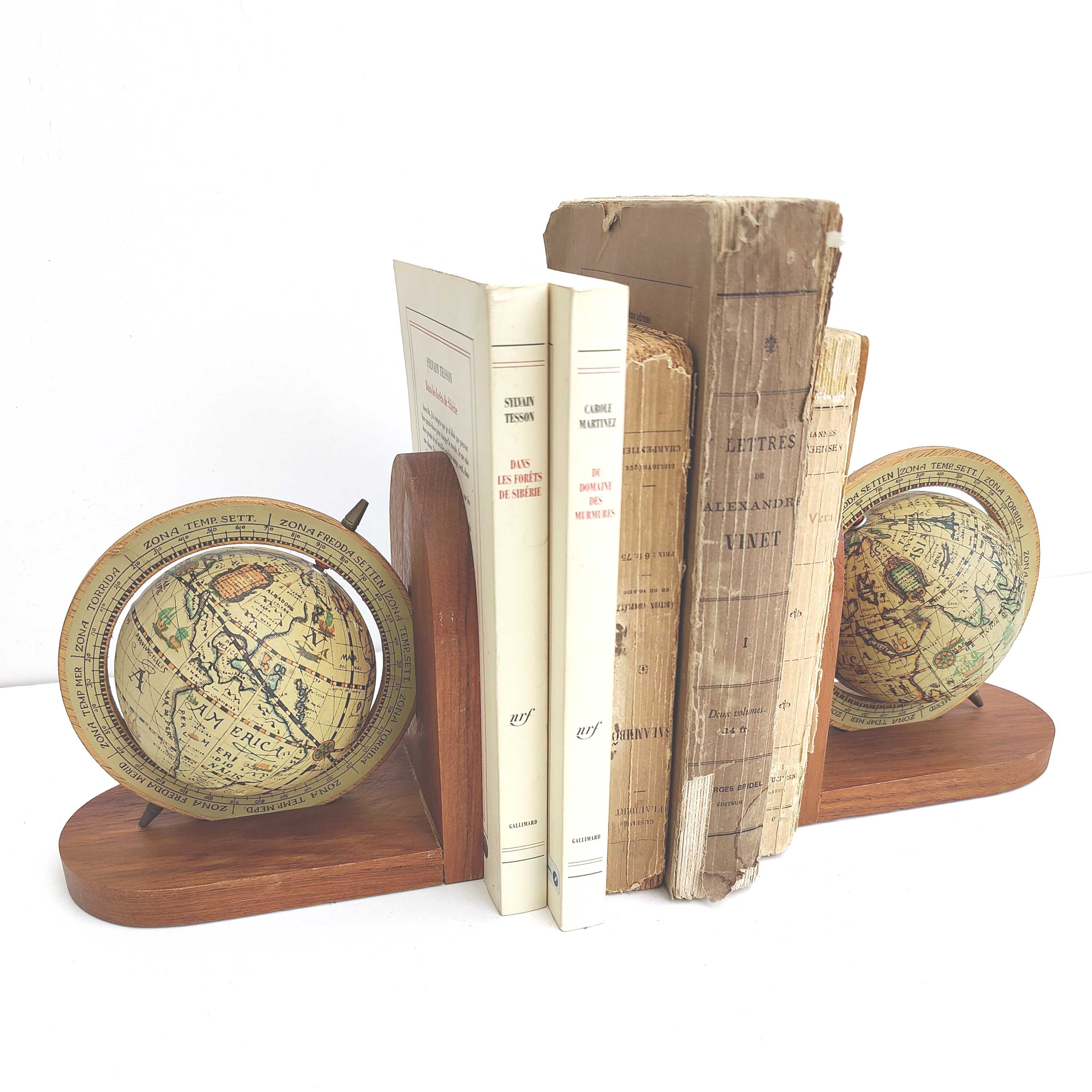 Pair of bookends globe world map wood paper